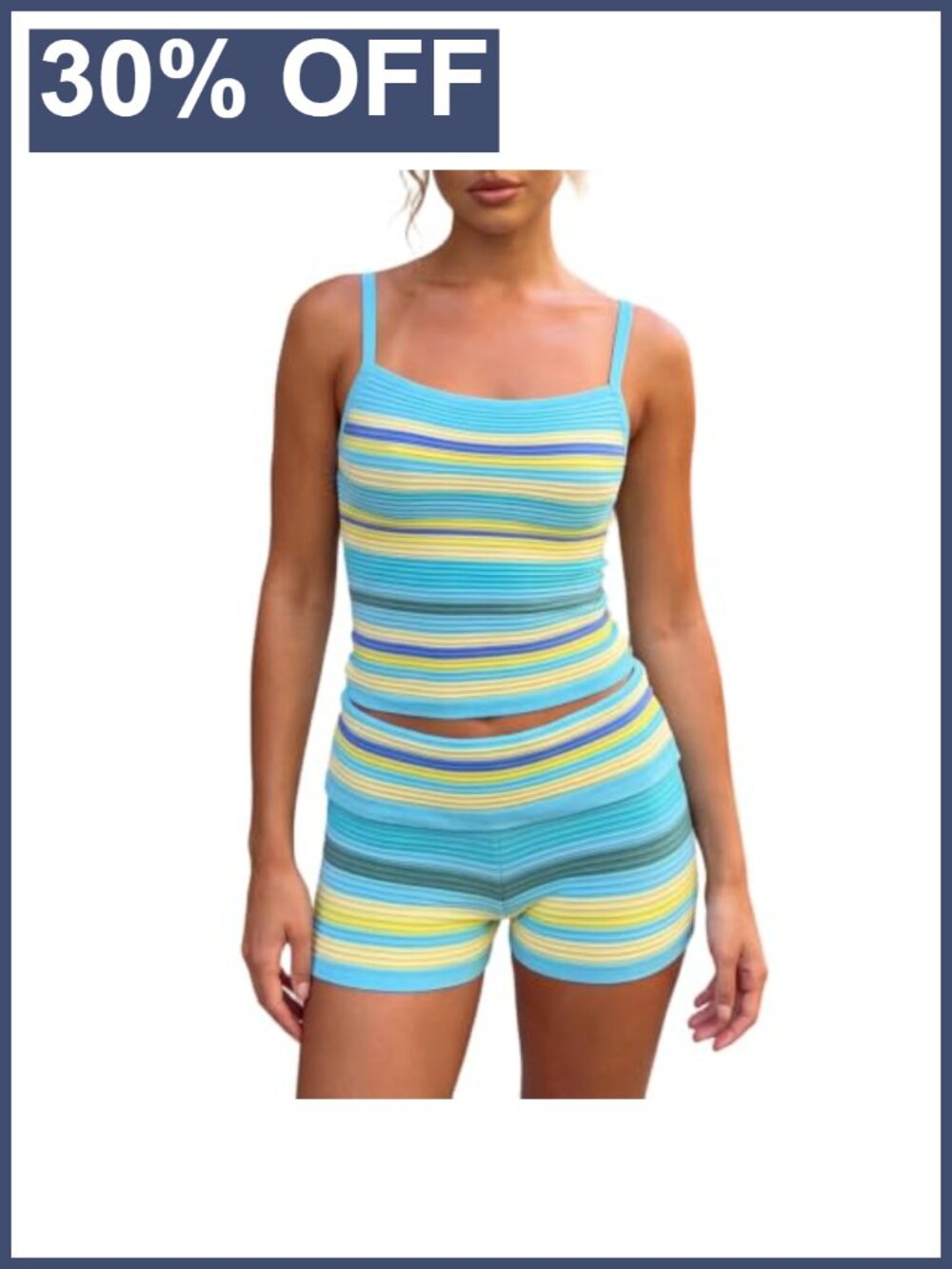 Women's Striped 2-Piece Knit Cami Top & Shorts Set Sleeveless Slim Fit